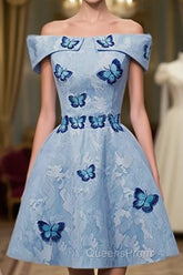 Light Blue Lace With Butterflies Short Homecoming Dress, Blue Evening Prom Dress