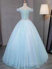 Light Blue Long Floral Tulle Sweet 16 Dress, Quinceanera Dress