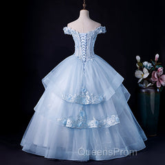 Light Blue Off Shoulder Lace Applique Ball Gown Formal Dress, Blue Sweet 16 Gown