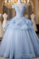 Light Blue Off Shoulder Lace Applique Ball Gown Formal Dress, Blue Sweet 16 Gown