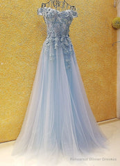 Light Blue Off Shoulder Long Party Dress with Flowers, Tulle Blue Evening Dress Prom Dress