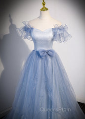 Light Blue Off Shoulder Tulle Sweetheart Formal Dress, Light Blue A-Line Evening Prom Dress