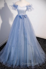 Light Blue Off Shoulder Tulle Sweetheart Formal Dress, Light Blue A-Line Evening Prom Dress