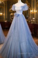 Light Blue Off Shoulder Tulle Sweetheart Formal Dress, Light Blue A-Line Evening Prom Dress