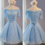 Light Blue off shoulder with short sleeve lace lovely homecoming Classy Prom Dress