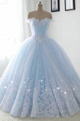 Light Blue Princess Ball Gown Sweet 16 Gown, Tulle Formal Dress With Lace Applique