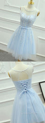 Light Blue Round Neckline Short Pretty Homecoming Dress, Light Blue Wedding Party Dress