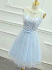 Light Blue Round Neckline Short Pretty Homecoming Dress, Light Blue Wedding Party Dress