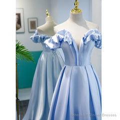 Light Blue Satin A-line Off Shoulder Long Formal Dress, Light Blue Evening Dress Prom Dress