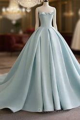 Light Blue Satin Long Ball Gown Quinceanera Dress Princess Dress Evening Prom Dress