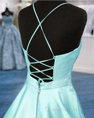 Light Blue Satin V-Neck Cross Back Evening Prom Dress
