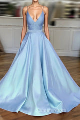Light Blue Satin V-Neck Cross Back Evening Prom Dress