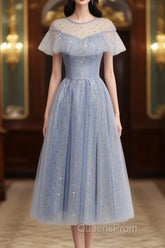 Light Blue Shiny Tulle High Neckline Homecoming Dress Party Dress