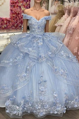 Light Blue Sparkly Off The Shoulder Appliques Evening Prom Dress Quincea?Era Dress Sweet 16 Evening Prom Dress Ball Gown