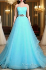 Light Blue Sweetheart Tulle Long Formal Dress With Belt, Charming Tulle Sweet 16 Dress