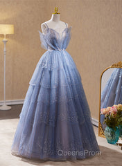 Light Blue Tulle Beaded Long Formal Dress, Light Blue Shiny Tulle Evening Dress Evening Prom Dress
