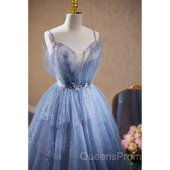 Light Blue Tulle Beaded Long Formal Dress, Light Blue Shiny Tulle Evening Dress Evening Prom Dress