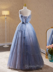 Light Blue Tulle Beaded Long Formal Dress, Light Blue Shiny Tulle Evening Dress Evening Prom Dress
