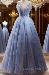 Light Blue Tulle Beaded Long Formal Dress, Light Blue Shiny Tulle Evening Dress Evening Prom Dress