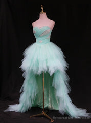 Light Blue Tulle Strapless Beading Prom Dress
