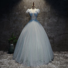 Light Blue Tulle Long Party Dress Formal Dress, Blue Tulle Formal Dress with Flowers