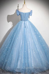 Light Blue Tulle Sequins Long Evening Prom Dress, A-Line Off Shoulder Evening Dress