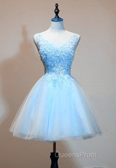 Light Blue Tulle Short Party Dress With Lace Applique, V-Neckline Homecoming Dress