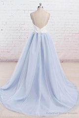 Light Blue Tulle Simple Spaghetti Straps Sweep Train Backless Prom Dress