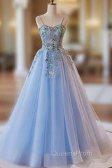 Light Blue Tulle Straps With Lace Applique Evening Prom Dress, Light Blue Party Dress