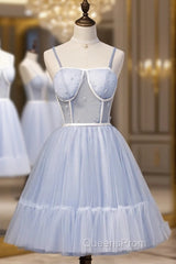 Light Blue Tulle Sweetheart Straps Party Dress, Light Blue Homecoming Dress