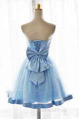 Light Blue Tulle Sweetheart With Bow Cute Party Dress, Blue Short Homecoming Dress