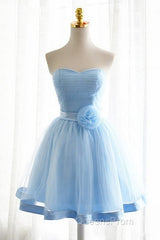 Light Blue Tulle Sweetheart With Bow Cute Party Dress, Blue Short Homecoming Dress Evening Prom Dress