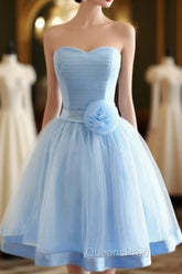 Light Blue Tulle Sweetheart With Bow Cute Party Dress, Blue Short Homecoming Dress