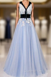 Light Blue Tulle With Flowers Lace Long Evening Dress Evening Prom Dress, A-Line Party Dress