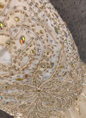 Light Champagne Mermaid Sweetheart Neck Beaded Tulle Long Ball Dress Vintage Evening Dress