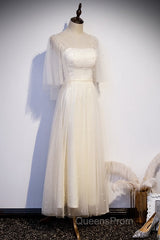 Light Champagne Short Sleeves Long Wedding Party Dress, Cute Evening Prom Dress