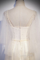 Light Champagne Short Sleeves Long Wedding Party Dress, Cute Evening Prom Dress