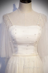 Light Champagne Short Sleeves Long Wedding Party Dress, Cute Evening Prom Dress