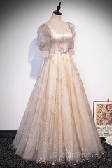 Light Champagne Short Sleeves Tulle Long Formal Dress, A-Line Floor Length Party Dress
