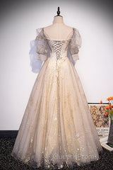 Light Champagne Short Sleeves Tulle Long Formal Dress, A-Line Floor Length Party Dress