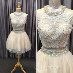 Light Champagne Tulle Lace Beading Homecoming Dress Two Piece Style
