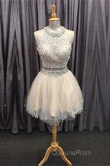 Light Champagne Tulle Lace Beading Homecoming Dress Two Piece Style