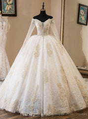 Light Champagne Tulle Off The Shoulder Long Sleeve Wedding Dress With Train