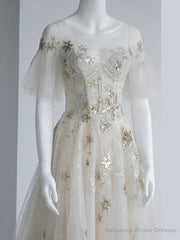 Light Champagne Tulle Sequin Tea Length Prom Dress, Tulle Formal Dress