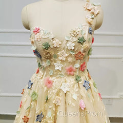 Light Champagne Tulle With Flowers Long Evening Dress, A-Line Tulle Formal Dress