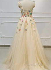 Light Champagne Tulle With Flowers Long Evening Dress, A-Line Tulle Formal Dress