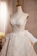 Light Champagne V-Neck Lace Long Evening Prom Dress, A-Line Spaghetti Straps Backless Party Dress With Bow