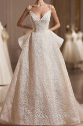 Light Champagne V-Neck Lace Long Evening Prom Dress, A-Line Spaghetti Straps Backless Party Dress With Bow