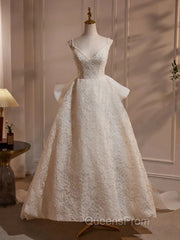 Light Champagne V-Neck Lace Long Evening Prom Dress Weeding Dress