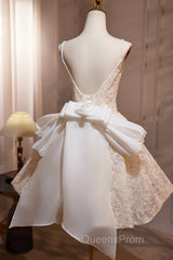 Light Champagne V-Neck Lace Short Evening Prom Dress, A-Line Spaghetti Straps Backless Party Dress With Bow